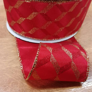 Ribbon Wire Edge 6.3cm wide (2.5") Christmas Glitter Pattern Red / Gold
