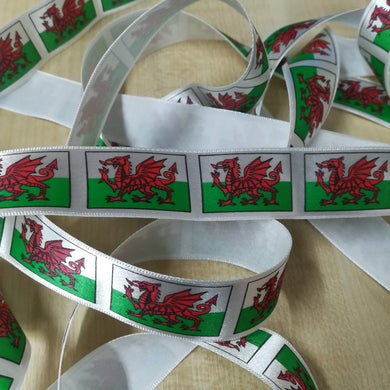 Ribbon Printed Welsh Flags Wales Cymru 25mm wide (2.5cm) White