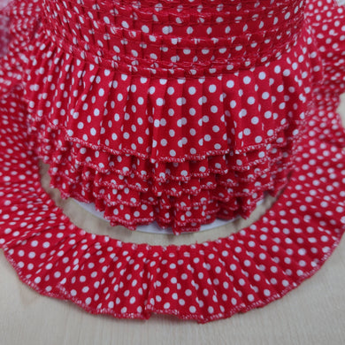 Pleated fabric trim made from 70% polyester & 30% cotton. Polka dot pattern. Machine washable, cool iron. Sold per metre.