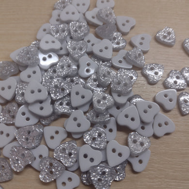 Buttons Plastic 2 Hole Glitter Mini Heart 9mm Silver