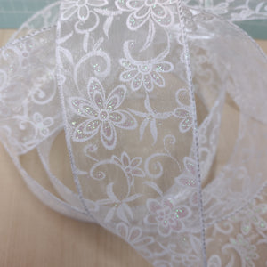 Ribbon Wire Edge 6.3cm wide (2.5") Iridescent Glitter Flowers White