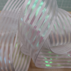 Ribbon Wire Edge 6.3cm wide (2.5") Iridescent Striped White