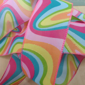Ribbon Wire Edge 6.3cm wide (2.5") Iridescent Glitter Groovy Swirl