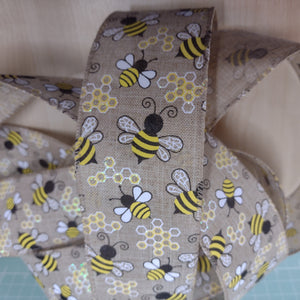 Ribbon Wire Edge 6.3cm wide (2.5") Iridescent Glitter Bees & Honeycombs