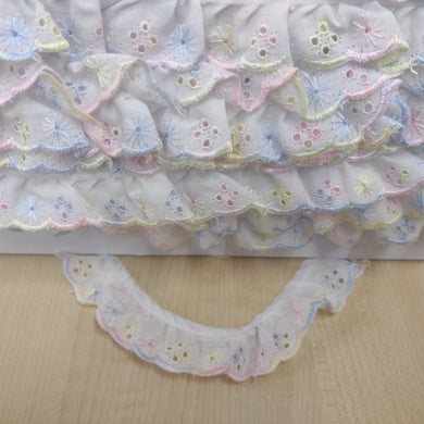 Lace Frilled Embroidered Broderie Anglaise 25mm wide White / Multi Pastels