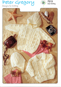 Knitting Pattern Leaflet Peter Gregory 7213 ARAN Baby Kids Raglan Cardigan / Hooded Jacket / Helmet