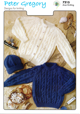 Knitting Pattern Leaflet Peter Gregory 7215 ARAN Kids Raglan Cable Sweater / Cardigans / Hat