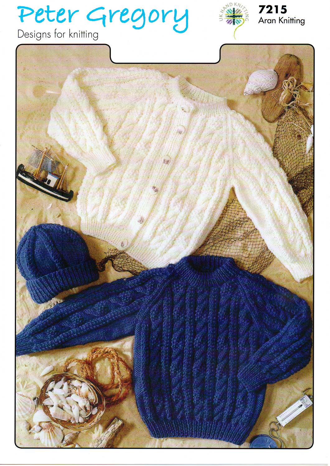 Knitting Pattern Leaflet Peter Gregory 7215 ARAN Kids Raglan Cable Sweater / Cardigans / Hat