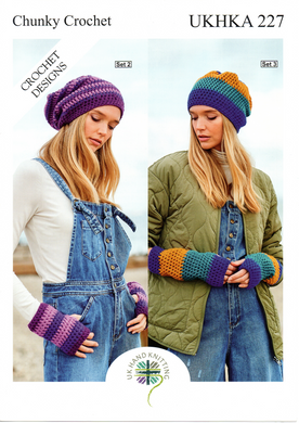 Crochet Pattern Leaflet UKHKA 227 Chunky Beanie Hat & Fingerless Mitts