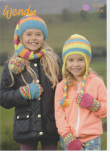 Knitting Pattern Leaflet Wendy 5760 Kids DK Hats, Fingerless Mitts & Crochet Hat