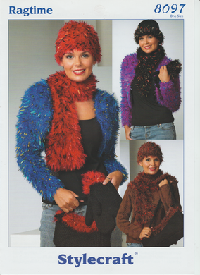 Knitting Pattern Leaflet Stylecraft 8097 Ragtime Fur Scarves, hats, mittens & gloves