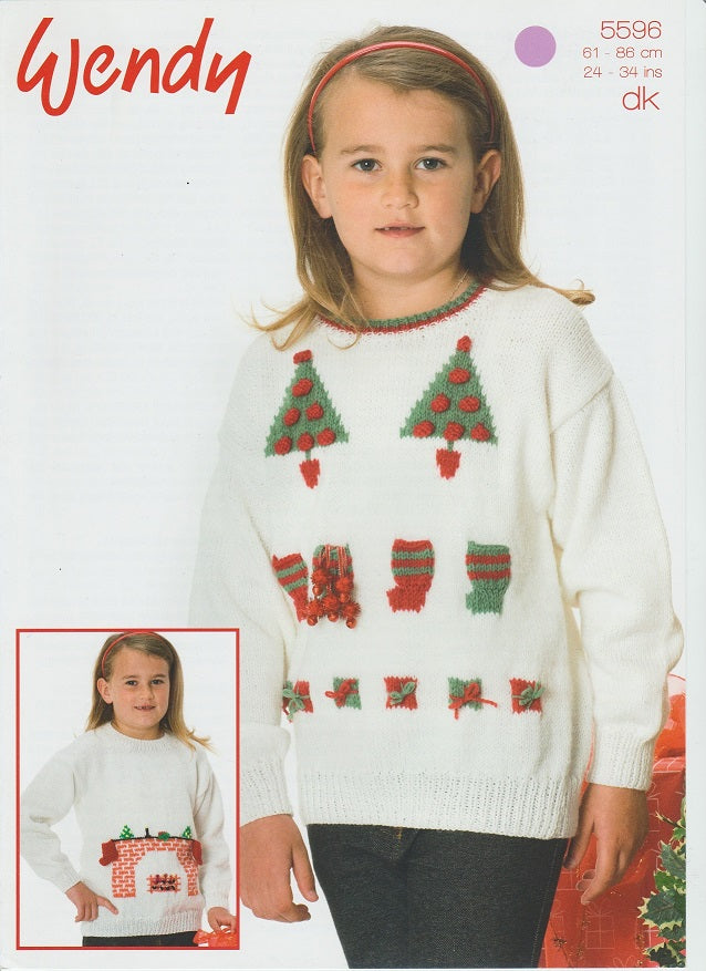 Knitting Pattern Leaflet Wendy 5596 DK Christmas Sweater Trees & Fireplace