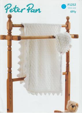 Knitting Pattern Leaflet Peter Pan P1252 4ply Baby Blanket & Bonnet
