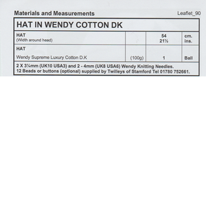 Knitting Pattern Leaflet Wendy 190 Ladies DK Hat