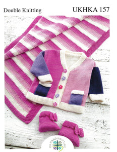 Knitting Pattern Leaflet UKHKA 157 Baby DK Jacket, Pram rug & Bottees