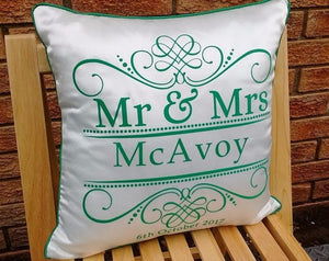 Luxury Personalised 16" Cushion FLOCK Wedding Mr & Mrs Est. Scroll