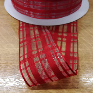 Ribbon Wire Edge 3.8cm wide (1.5") Sheer Clear & Red Plaid