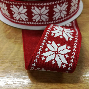 Ribbon Wire Edge 3.8cm wide (1.5") Nordic Style Snowflakes Red / White