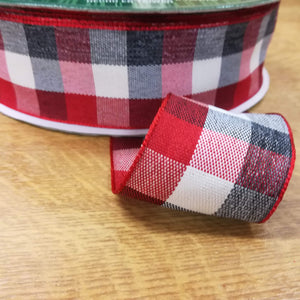 Ribbon Wire Edge 3.8cm wide (1.5") Plaid Gingham Charcoal / Natural / Red