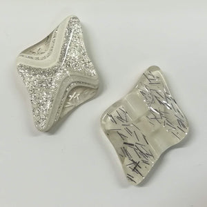 Buttons Plastic Fancy Shank White Ivory / Silver Glitter Diamond shape 3cm x 2.2cm