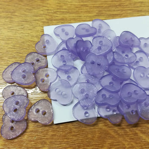 Buttons Plastic Round 2 hole Heart 12mm (1.2cm) Opaque Lilac Glitter