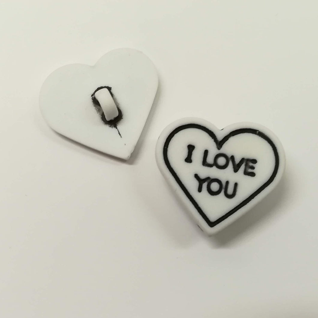 Buttons Plastic Heart 20mm (2cm) white / black I LOVE YOU