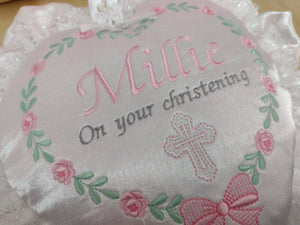 Quilting Block - Personalised Christening Flower Heart Wreath with Cross