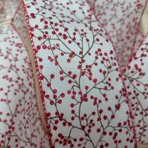 Ribbon Wire Edge 6.3cm wide (2.5") Cream / Red Glitter Berry Branches