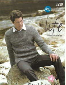 Knitting Pattern Leaflet Stylecraft 8239 DK Mens V Neck Ribbed Sweater