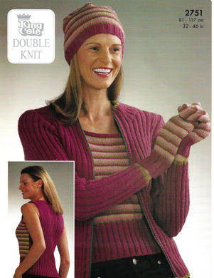 Knitting Pattern Leaflet King Cole 2751 DK Ladies Jacket, Top, Hat & Mittens