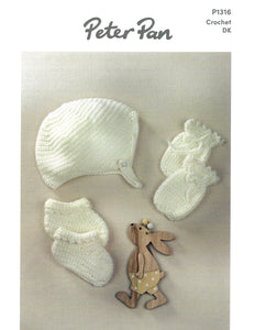 Crochet Pattern Leaflet Peter Pan p1316 DK Baby Hat, Mitts & Bootees