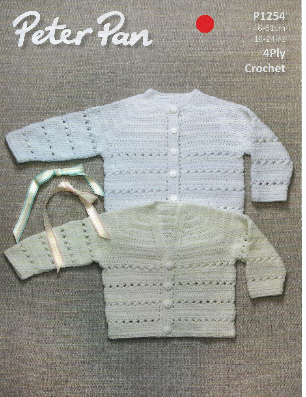 Crochet Pattern Leaflet Peter Pan p1254 4ply Round & V Neck Cardigans