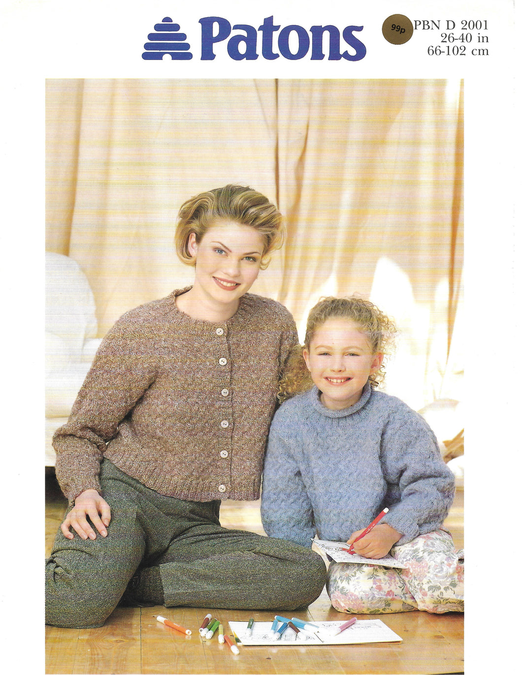 Knitting Pattern Leaflet Patons 2001 Ladies Kids Sweater & Cardigan