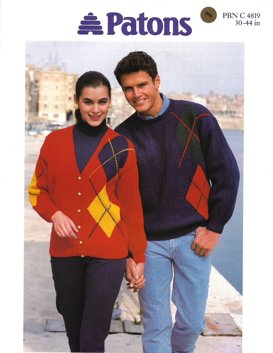 Knitting Pattern Leaflet Patons 4819 Unisex DK Sweater & Cardigan Diamond Design