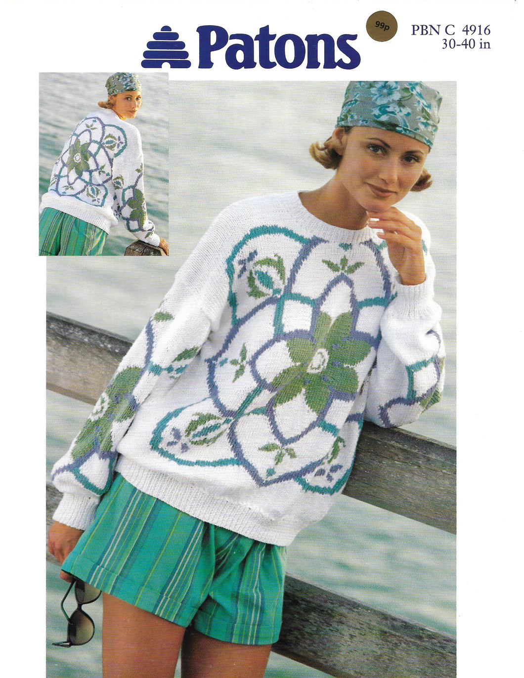 Knitting Pattern Leaflet Patons 4916 Ladies DK Intarsia Floral Motif Sweater