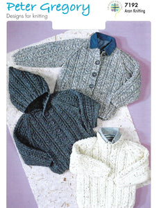 Knitting Pattern Leaflet Peter Gregory 7192 ARAN Kids Raglan Cable Sweater / Cardigans