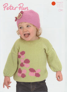 Knitting Pattern Leaflet Peter Pan P1147 DK Kids Flower Sweater & Hat