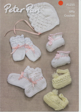 Crochet Pattern Leaflet Peter Pan P1255 4ply Baby Bonnet, Mitts & Bootees