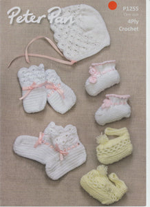 Crochet Pattern Leaflet Peter Pan P1255 4ply Baby Bonnet, Mitts & Bootees