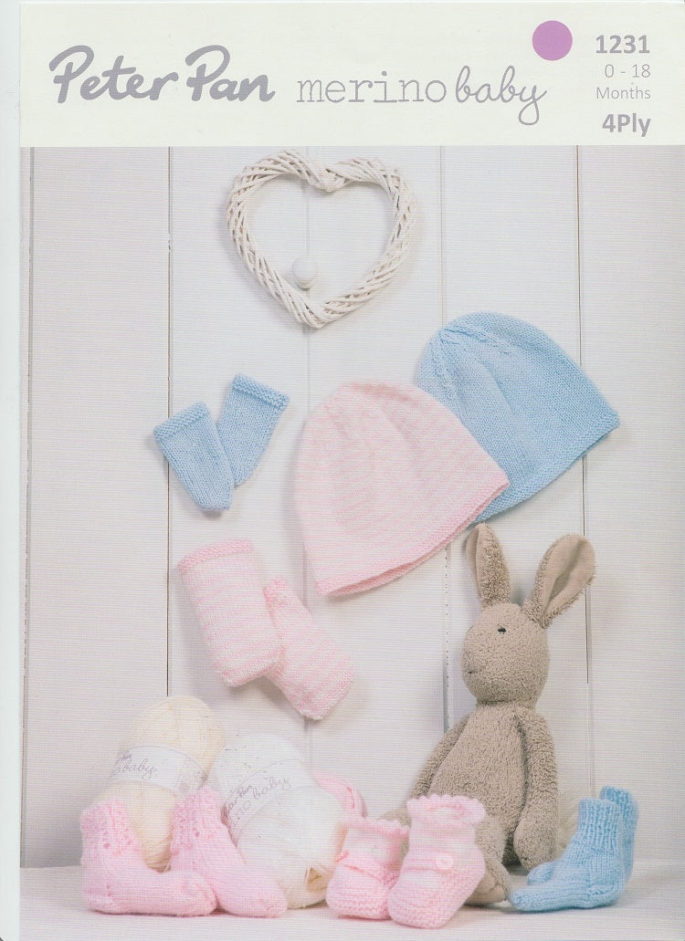 Knitting Pattern Leaflet Peter Pan 1231 4ply Baby Pram shoes, Hat, Mitts & Socks