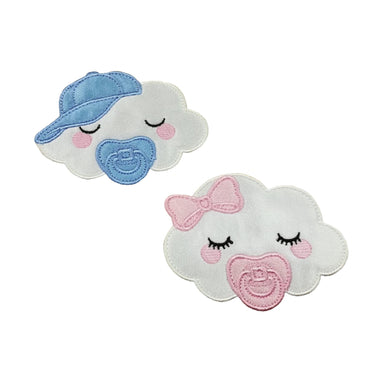 Embroidered appliqued fabric motif made from high quality satin. This is a design of cute sleeping baby clouds.